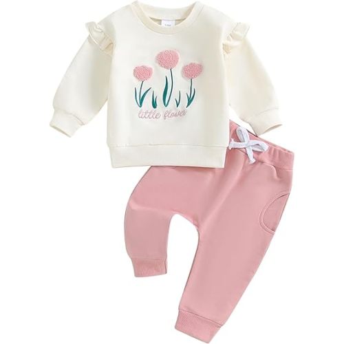Kupretty Conjunto de sudadera para bebé niña pequeña para otoño e invierno, con volantes, cuello redondo, lazo y pantalones deportivos