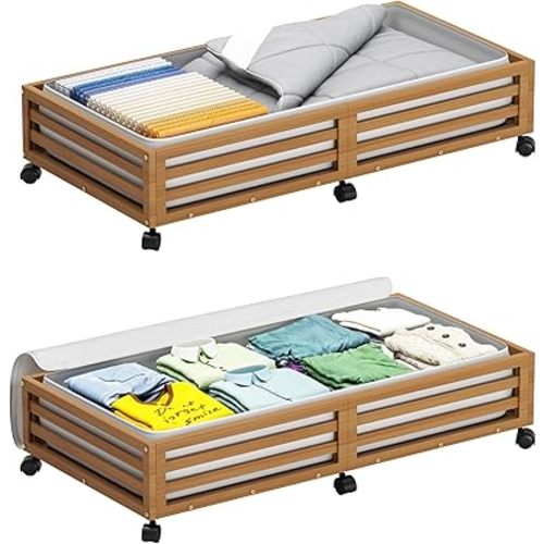 Wisuce Bamboo Under Bed Storage Containers- Underbed Organizer with Wheels with Large Dust Bag,Sturdy Wood Rolling Under the Bed Shoe Storage Organizer Drawer 2 Packs (Walnut, Long)