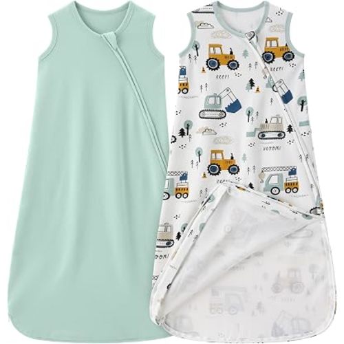 Unnivoll Baby Sleep Sack 6-12 Months 0.5 Tog Baby Wearable Blanket 100% Cotton Sleeping Sack with 2-Way Zipper for Newborn Infant White Green Excavator
