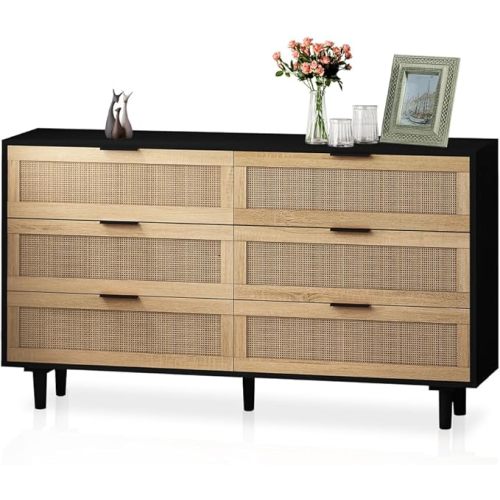 Black Rattan Dresser, 6 Drawer Dresser for Bedroom, Wooden Boho Dressers Chest of Drawers, Modern Closet Dressers, for Living Room Hallway and Entryway, M