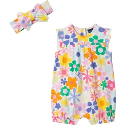 Floral Rib Stretch Cotton Bubble Romper & Bow Head Wrap Set, 12-18M