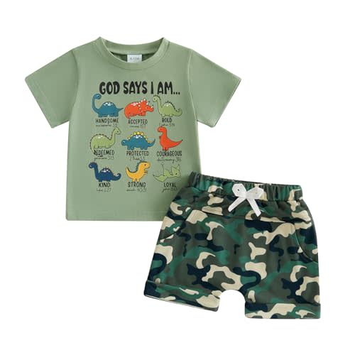 PUHHAPIEY Baby Boy Clothes Toddler Summer Outfit God Says I Am Dinosaur Short Sleeve Christian Tee Shirts Camouflage Shorts