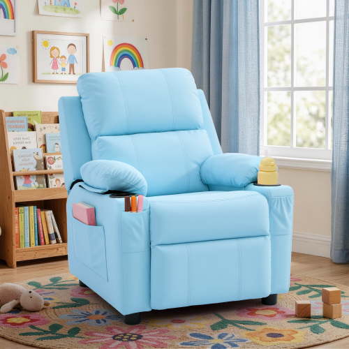 GEEYOO Kids Recliner Chair with Cup Holder,Push Back Child Reclining Chair with Side Pockets Toddler Recliner for Children Boys Girls Room,PU Leather,Blue