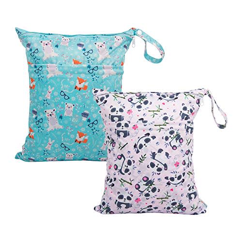 ALVABABY 2pcs Cloth Diaper Wet/Dry Bags|Waterproof Reusable with Two Zippered Pockets|Travel, Beach, Pool, Daycare, Soiled Baby Items,Yoga，Gym Bag or Wet Cloth Bag L-YX4345