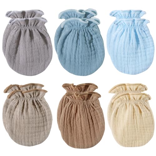 MOMSMENU Baby Mittens Newborn Muslin Soft No Scratch 0-6 Months 6-Pack | Breathable 100% cotton prevents scratches, stays dry, stays on without tightness – baby loves the softness