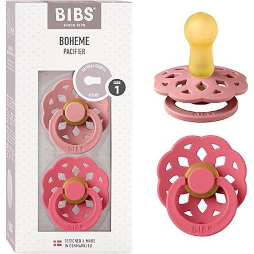 Bibs Pacifiers 0-6 Months | Boheme Collection 2-Pack | BPA-Free Round Nipple | Made in Denmark | Dusty Pink/Coral Color Pacifier