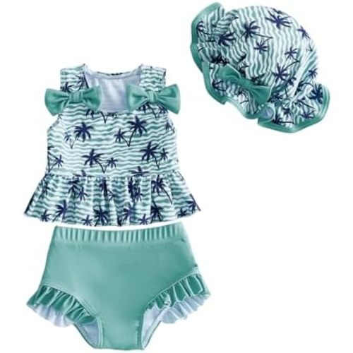 Infant Baby Girl Swimsuit Toddler Bathing Suit Sleeveless Bikini Top Ruffle Shorts with Hat Beach Swimwear