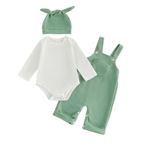 Newborn Baby Boy Clothes Infant Long Sleeve Romper Waffle Suspender Overalls Pants Hat Set Fall Winter Outfits