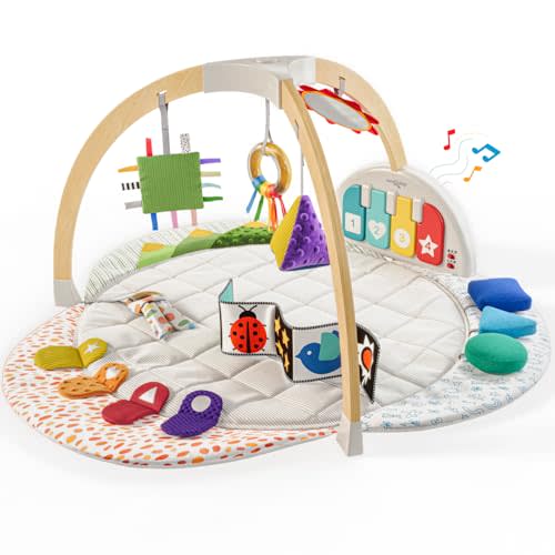 Move2Play, Montessori Inspired Wooden Kick & Play Baby Gym | Musical Piano | Thick + Soft Floor Mat | Tummy Time Activity Center | Play Mat for Newborns & Infants | Toys for Ages 0-6+ Months