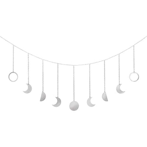 Mkono Moon Phase Wall Hanging Boho Aesthetic Room Decor Metal Moons Garland Hanging Art Bohemian Home Decoration for Girls Room Nursery Bedroom Livingroom Dorm, Ideal, Silver, 50"