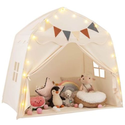 Costway Kids Play Tent w/Flags and Globe String Lights for 3-12 Years Old Indoor Outdoor