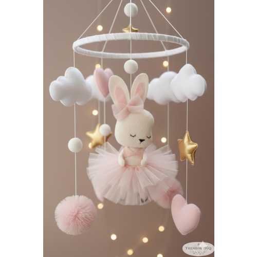 Ballerina Bunny Baby Mobile, Pink Floral Nursery Decor, Gold Stars Clouds Crib Toy
