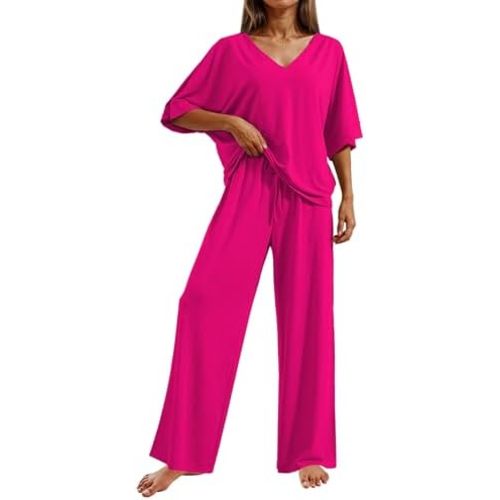 Ekouaer Pajama Sets for Women 2 Piece Lounge Set Short Sleeve Tops and Long Pants Soft Comfy Pjs Sleepwear Outfits S-XXL