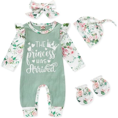 GRNSHTS Newborn Baby Girl Romper Infant Letter Print Jumpsuit Floral Bodysuit+Hat+Headband+Gloves Coming Home Clothes Outfits