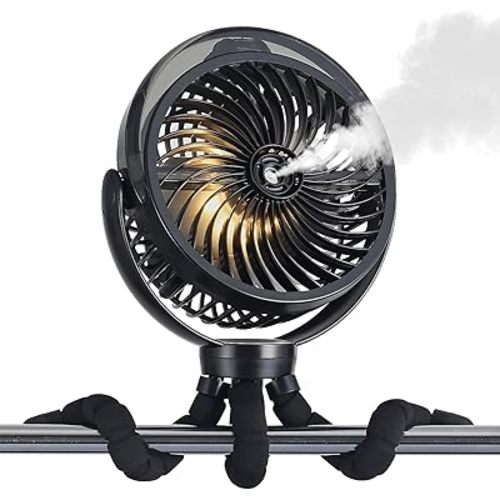 Misting Stroller Fan, 6000mAh Portable Cooling Fan with Light And 360° Pivoting, Portable Mister Fan for Baby Strollers Office Travel Outdoor