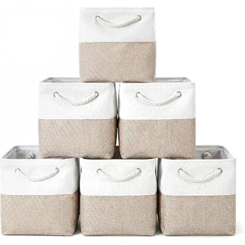 6 Pack 11.5 Inch Cube Storage Bins – Foldable Fabric Storage Cubes with Rope Handles, Sturdy Linen Baskets for Closet Organization, Shelves, Clothes, and Towels (White & Beige)