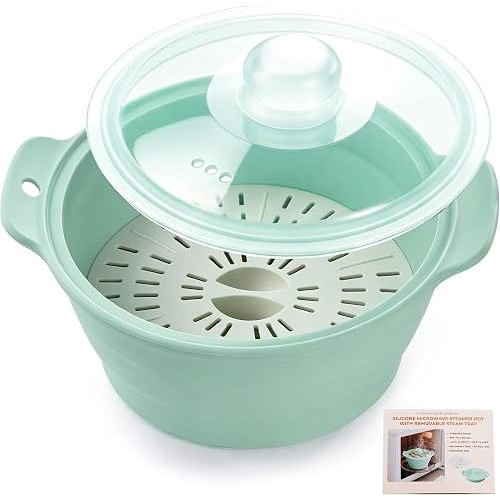 Collapsible Silicone Microwave Vegetable Steamer with Removable Steam Rack, AODISTUCE 42oz BPA-Free Silicone Steamer for Cooking Fresh & Frozen Vegetables Dumplings Buns Prep Meal, Dishwasher Safe