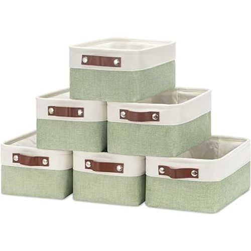 HNZIGE Collapsible Storage Baskets for Shelves(6pack) Small Fabric Bins with Handles, Linen Baskets Organizer Bins for Organizing Closet Nursery Home Shelves(White&Green, 11.8" x 7.8" x 5.1")