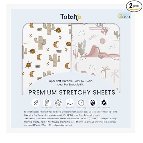 TotAha Cactus Pack N Play Sheets, Premium Stretch Fitted Portable Mini Cribs Playards Sheets, Ultra Soft Breathable Jersey Knit Mini Crib Sheet, 2 Pack