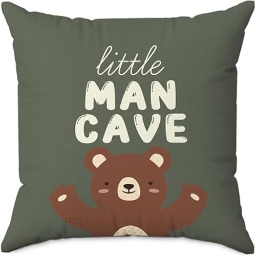 Bear Nursery Decor Pillow Cover 18x18 Inch, Olive Green Little Man Cave Decorative Throw Pillow Cover, Vintage Bear Decor Cushion Cover Pillowcase for Kids Boys Bedroom Room Playroom