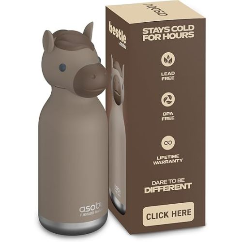 asobu Bestie Bottle Insulated Stainless Steel Water Bottle with Detachable Soft Animal Head Fun Drinking For Kids and Teens with Flexible Reusable Straw 16 Ounce (Horse)