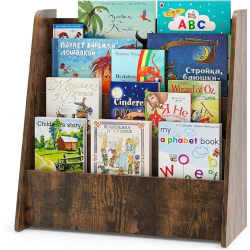 Costzon 5-Tier Kids Bookshelf, Wooden Children Bookcase, Toddler Book Rack, Magazine Storage & Display Shelf, Book Shelf for Kids Room, Living Room, Nursery, Classroom (Brown, 4 Tier)