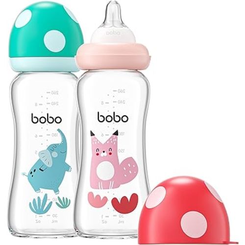 YOHKOH Natural Glass Baby Bottle with Level 2 Medium Flow Nipple, Newborn Anti-Colic Baby Bottles, Wide Neck Mushroom Baby Glass Bottle (8.8ounce (Pack of 2), Multicolour2)