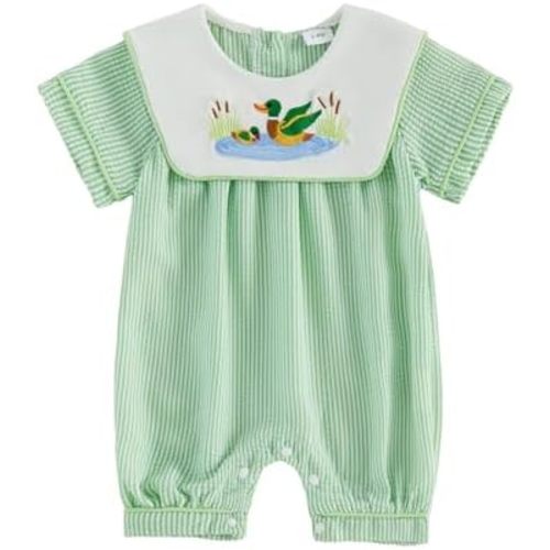 Baby Boy Girl Summer Outfit Duck Embroidery Sailor Collar Romper Shorts Striped Jumpsuit Infant Hunting Clothes Unisex