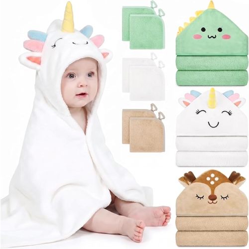 9 PCS Baby Bath Towels Set for Newborn Essentials (Lion, Bear, Elephant)