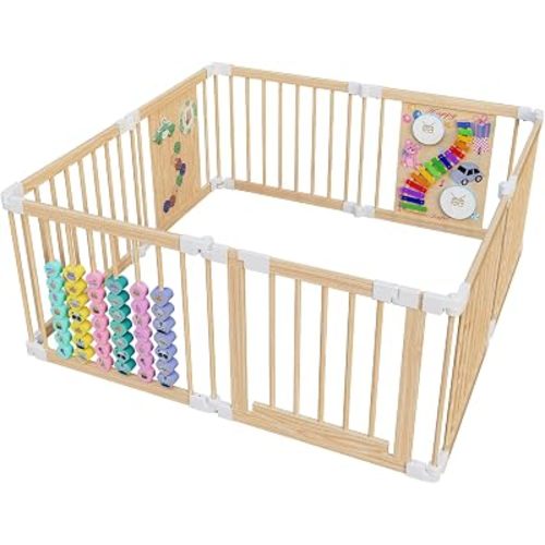 Baby Playpen - Adjustable Multi-Shape Wooden Play Yard, Portable Collapsible Activity Center with Baby Fence Play Area & Toys for Infants, Toddlers (57x57x24inch)