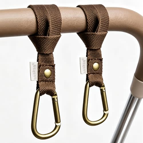 haakaa Baby Stroller Hooks for Bags, Brown(2 Pack)- Simple to Use, Non-Slip | Universal Stroller Straps and Hooks, One-Hand Opening, Multipurpose Hooks for Diaper Bags, Backpacks, Bikes & Shopping Carts