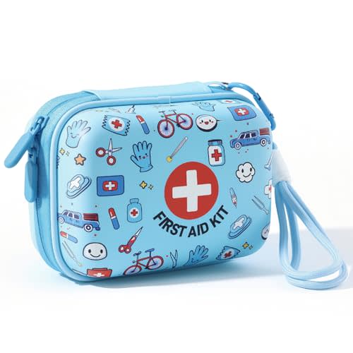 Mini First Aid Kit for Kids - 160 Pcs Water-Resistant Hard Shell Compact Emergency Kit for Travel, Home, School, Car, Camping & Hiking - Portable with Elastic Fabric Band-Aids