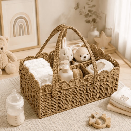 15'' Diaper Caddy Organizer, Paper Rope Storage Baskets Nursery Bin with Removable Divider, Woven Scalloped Portable Car Organizer for Diapers, Baby Shower Gifts, Newborn Essentials Must Haves