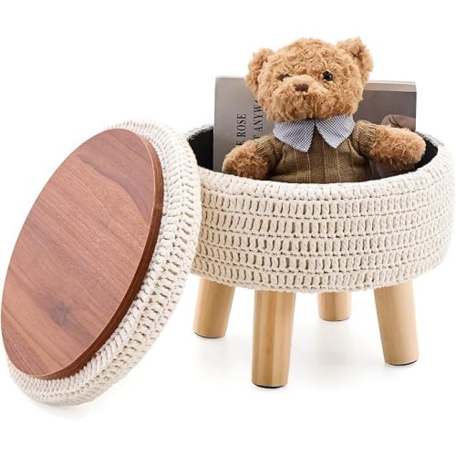 Pouf Ottoman, 100% Cotton Knitted Boho Footstool, Round Footrest with Non-Skid Wood Legs, Home Décor Handmade Pouffe, Leisure Floor Step Stool for Living Room (Storage Beige)