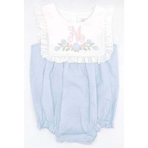 Personalized Blue Swiss Dot Baby Bubble Romper: Hydrangea Monogram Bib