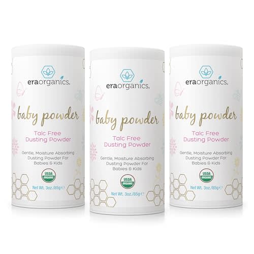 Era Organics Talc-Free Organic Baby Powder - USDA Organic Dusting Powder with Arrowroot, Calendula and Cornstarch for Newborns, Babies or Toddlers - Soothing, Fragrance Free (3oz/85g) - 3 Pack