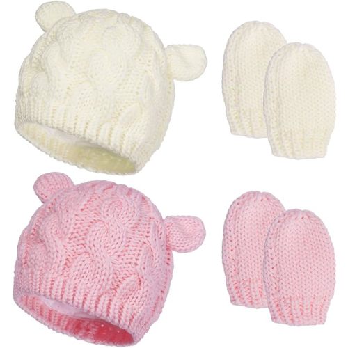 2 Set Newborn Winter Beanie Hats Gloves Kit for Baby Girls Boys Infant Toddler Warm Knitted Hats Glove Autumn Spring