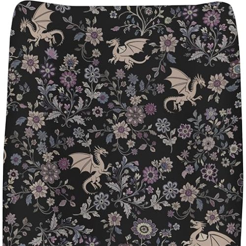 Fantasy Floral Dragons Changing Pad Covers for Baby Girls Boys Fairytale Dragon Gothic Black Purple Flowers Fitted Changing Table Cover Mats Myth Animal Soft Diaper Changing Table Sheets 32''×16''