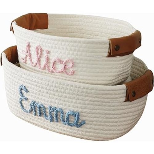 JUPPE Baptism and Newborn Baby Show Gift Basket with Personalized Name, Toys and Storage Organizer Custom Baby Shower Basket Gift Cotton Rope Basket Gift Nursery Decor Newborn Gifts (Style 1)
