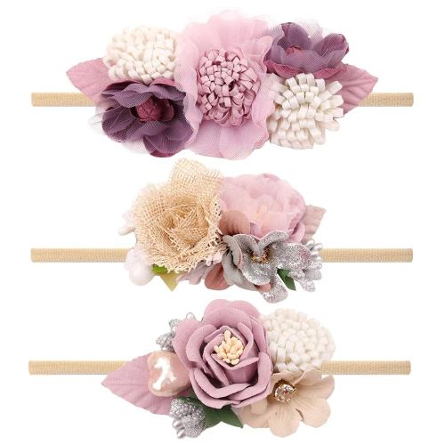 VOBOBE Baby Girl Nylon Headbands Infant Flower Elastic Hair Band Bows Wraps For Newborn Toddler Hair Accessories Pack of 3 (A-Purple)