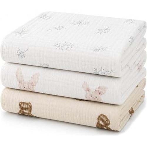 Muslin Burp Cloths 3-Pack, Large 20" x 10", 100% Cotton, Ultra-Absorbent for Newborns, Cute Neutral Prints, Multi-Use as Wash Cloths, Face Cloths & Baby Bibs