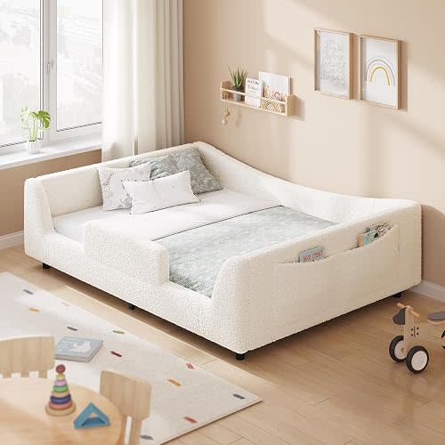 Full Floor Bed, Low Montessori Beds, Slats & High Rails, Upholstered Bed