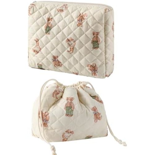 uekeboag 2Pcs Quilted Cotton Makeup Bag, Large Soft Floral Travel Toiletry Bag,Small Drawstring Makeup Bag with Canvas Lining(Bear)