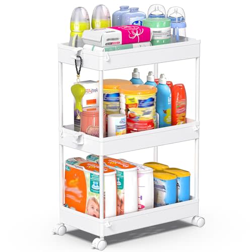 SPACEKEEPER 3 Tier Rolling Cart, Bathroom Cart Organizer with Wheels, White | Mobile Storage Cart for Laundry Room Organization,Kitchen,Office,Bathroom, Utility Cart for Snack,Craft,Art,Makeup,Nail,Toys