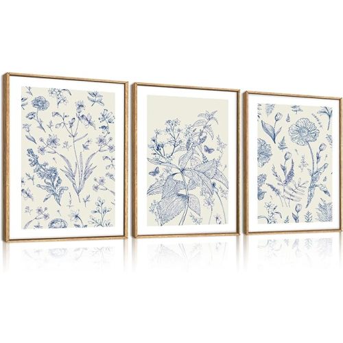 KAIRNE Navy Blue and White Floral Framed Canvas Wall Art Set,Chinoiserie Flower Wall Decor,Watercolor Botanical Art Prints,Modern Wildflower Artwork for Living Room,Bedroom,Farmhouse,Office-12 x16 x3