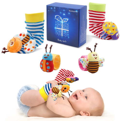 Wrist Rattles Foot Finder Rattle Sock Baby Rattle Toy, Arm Hand Bracelet Rattle, Feet Leg Ankle Socks, Birthday Holiday Birth Present for Newborn Boy Girl