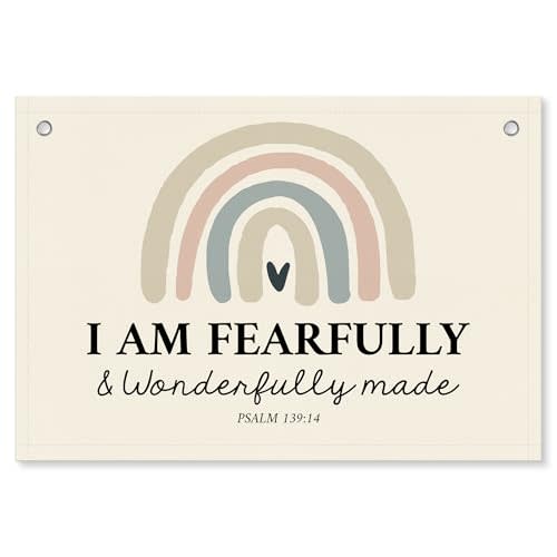 KIDEAR I Am fearfully and wonderfully made Linen Banner, Rainbow christian wall decor for nursery & Kids Playroom, bible verse wall art for Baby Boy or Girl Room, psalm 139 Scripture room decor-A12
