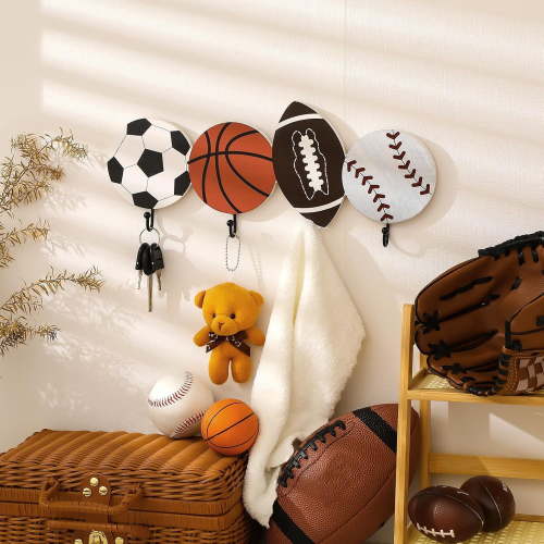 Baseball Football Soccer Basketball Wall Hooks Sports Fan Themed Coat Hook Towel Hanger Storage Wood Metal Hooks Wall Mounted with Screws for Decor, Key, Towel, Bags, Cup, Hat