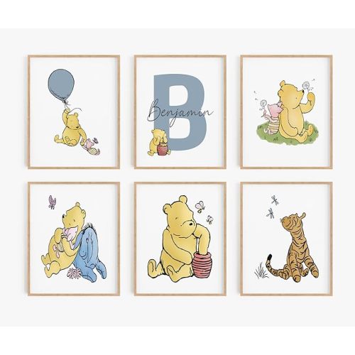 Prints Made Perfect Personalized Winnie Nursery Name Print Set, Classic A.A. Milne Wall Art, Custom Baby Name Wall Decor, Pooh Bear Boy Girl Toddler Room Artwork, Unframed (Set Of 6, 8x10)
