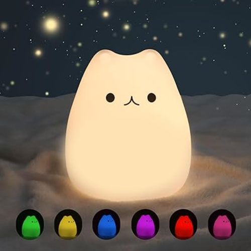 Night Light for Kids, Cute Cat Squishy Silicone Lamp with 2 Levels of Brightness, Kawaii Touch Nightlight for Room Decor, Perfect Gifts for Baby, Girl, Boy, Toddler, Nursery
